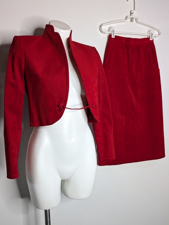 Vintage Dresses & Skirts - Vintage King James Red Faux Suede Bolero Jacket & Skirt Set XS/S